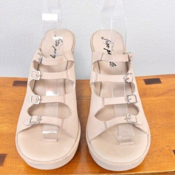 NEW Free People Huffman Buckle Wedge Sandal 39 Pearl Sand Heels Platform Leather - Picture 4 of 11